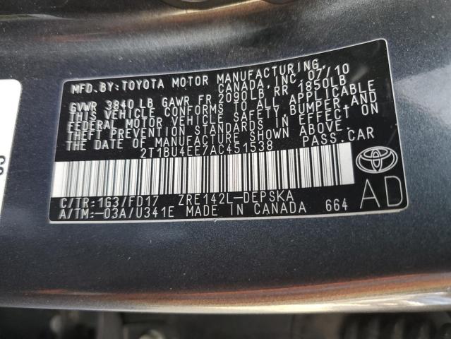 2T1BU4EE7AC451538 - 2010 TOYOTA COROLLA BASE 灰色 照片 12