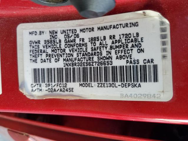 1NXBR32E56Z726653 - 2006 TOYOTA COROLLA CE მუქწითელი ფოტო 12