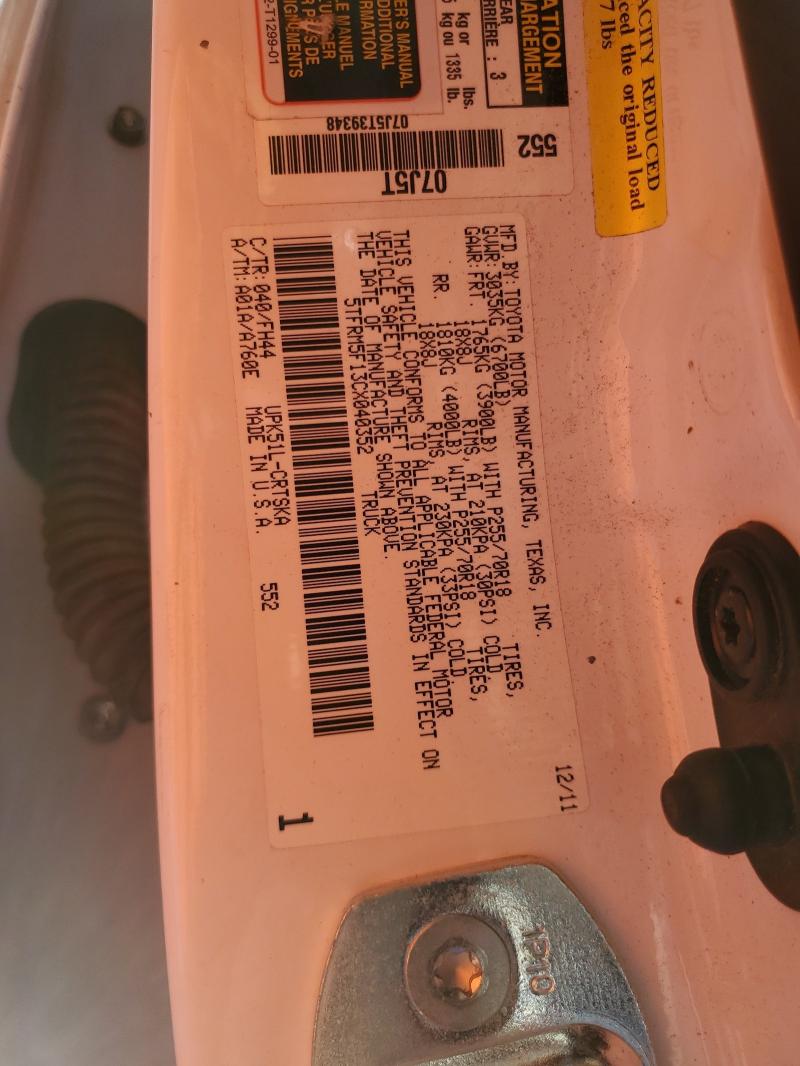 5TFRM5F13CX040352 - 2012 TOYOTA TUNDRA DOUBLE CAB SR5 WHITE photo 12