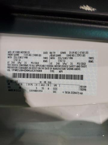 1FMCU9HD8KUC51689 - 2019 FORD ESCAPE SEL WHITE photo 13