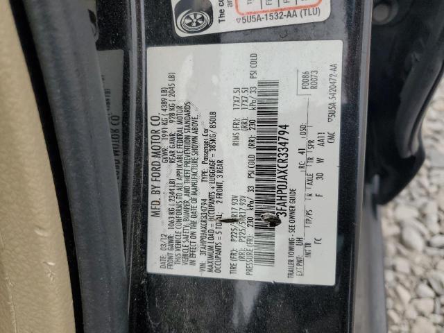 3FAHP0JAXCR334794 - 2012 FORD FUSION SEL BLACK photo 12