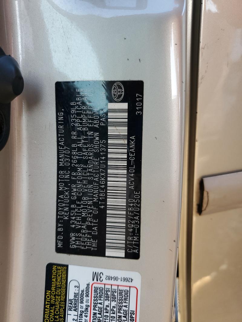 4T1BE46KX7U141375 - 2007 TOYOTA CAMRY CE BEIGE photo 12