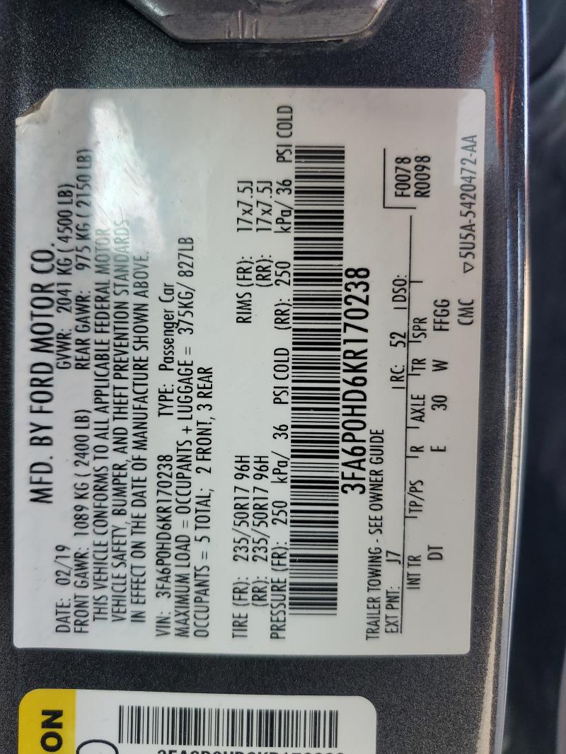 3FA6P0HD6KR170238 - 2019 FORD FUSION SE Темно-сірий фото 14