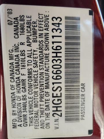 2HGES16603H611343 - 2003 HONDA CIVIC LX 勃艮第红 照片 12