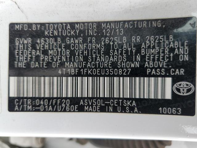 4T1BF1FK0EU350827 - 2014 TOYOTA CAMRY L WHITE photo 13