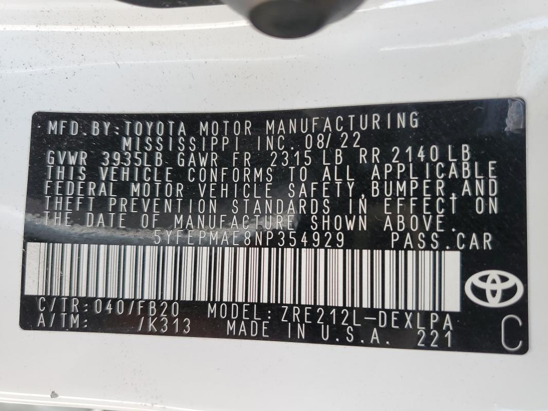 5YFEPMAE8NP354929 - 2022 TOYOTA COROLLA LE Ağ foto 12