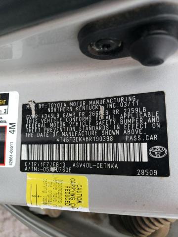 4T4BF3EK4BR190398 - 2011 TOYOTA CAMRY BASE SILVER photo 12