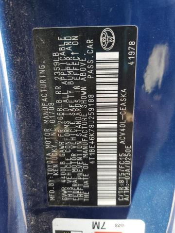 4T1BE46K78U259188 - 2008 TOYOTA CAMRY CE 蓝色 照片 12