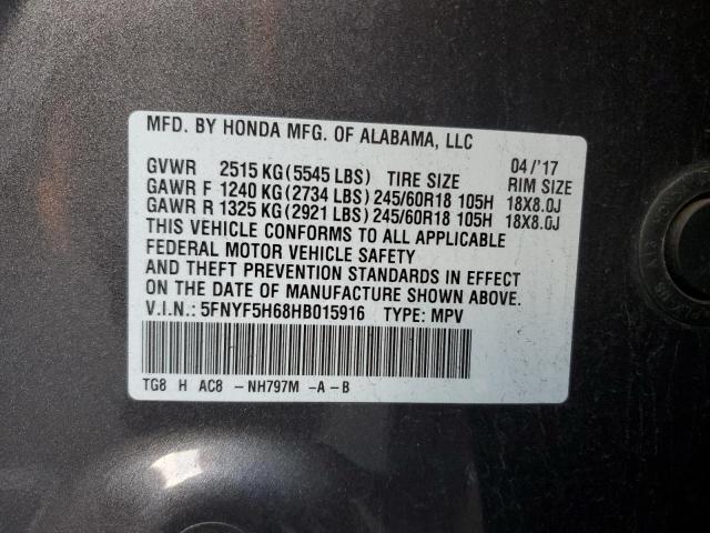 5FNYF5H68HB015916 - 2017 HONDA PILOT EXL ნაცრისფერი ფოტო 13