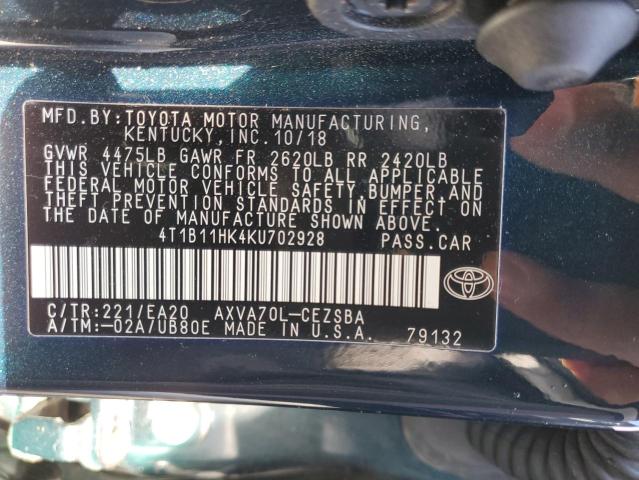 4T1B11HK4KU702928 - 2019 TOYOTA CAMRY L BLUE photo 12