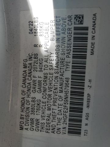 2HGFE2F59NH579648 - 2022 HONDA CIVIC SPORT 白色 照片 12