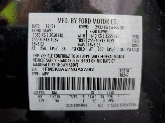 1FM5K8AB7NGA27592 - 2022 FORD EXPLORER POLICE INTERCEPTOR BLACK photo 12