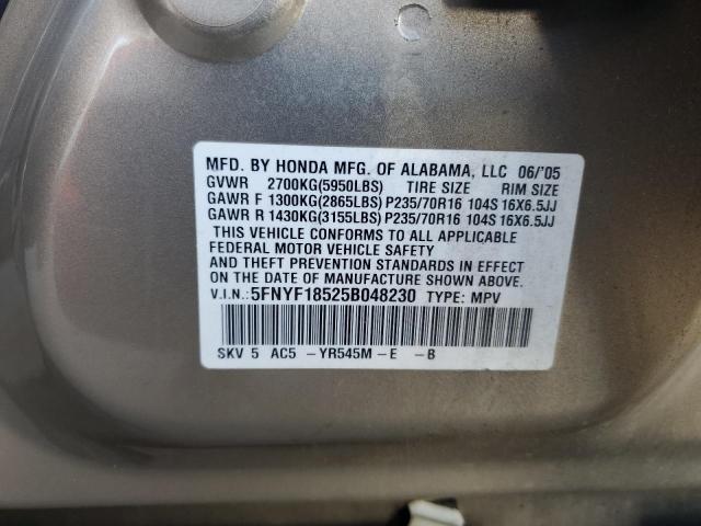 5FNYF18525B048230 - 2005 HONDA PILOT EXL BEIGE photo 13