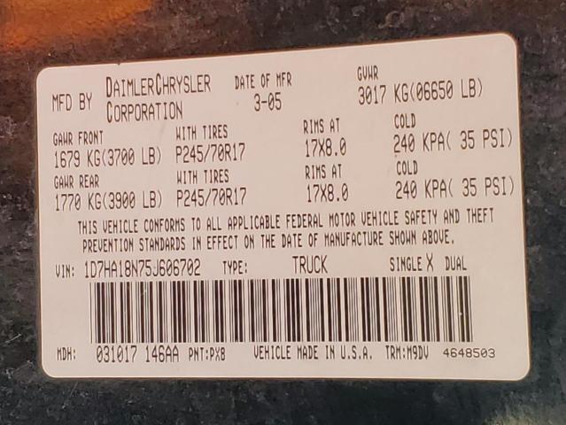 1D7HA18N75J606702 - 2005 DODGE RAM 1500 ST BLACK photo 12