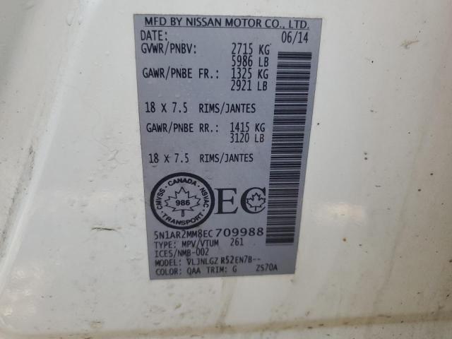 5N1AR2MM8EC709988 - 2014 NISSAN PATHFINDER S 白色 照片 14