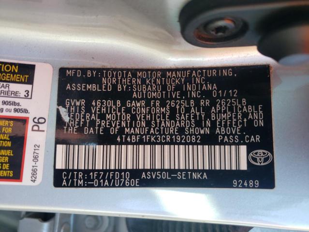 4T4BF1FK3CR192082 - 2012 TOYOTA CAMRY BASE SILVER photo 12