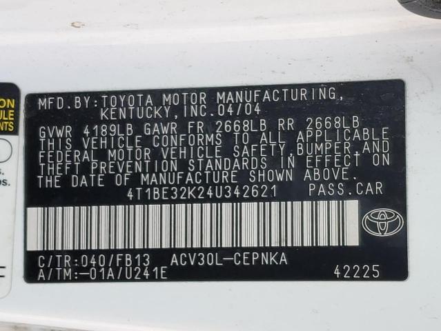 4T1BE32K24U342621 - 2004 TOYOTA CAMRY LE WHITE photo 12