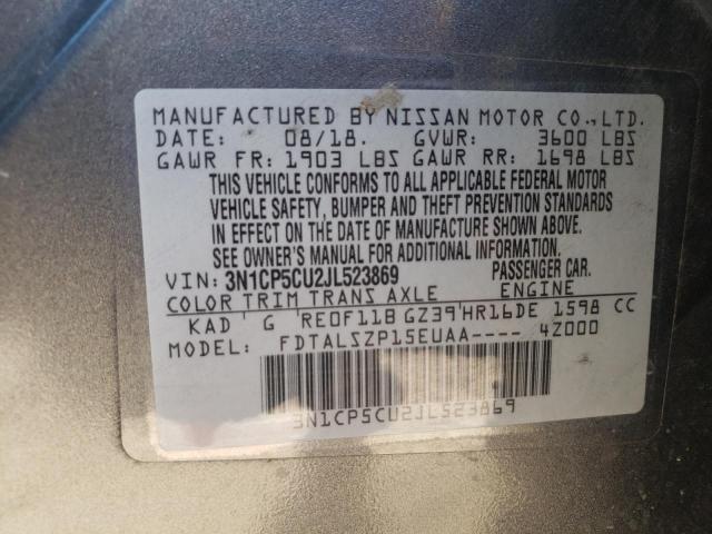 3N1CP5CU2JL523869 - 2018 NISSAN KICKS S GRAY photo 14