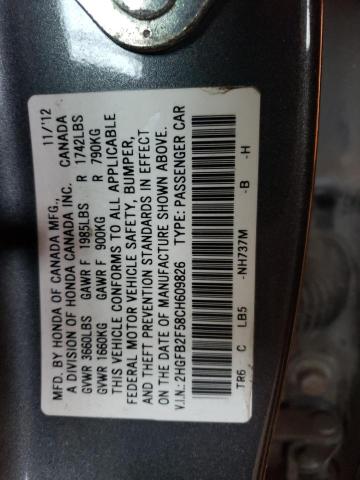 2HGFB2F58CH609826 - 2012 HONDA CIVIC LX GRAY photo 12