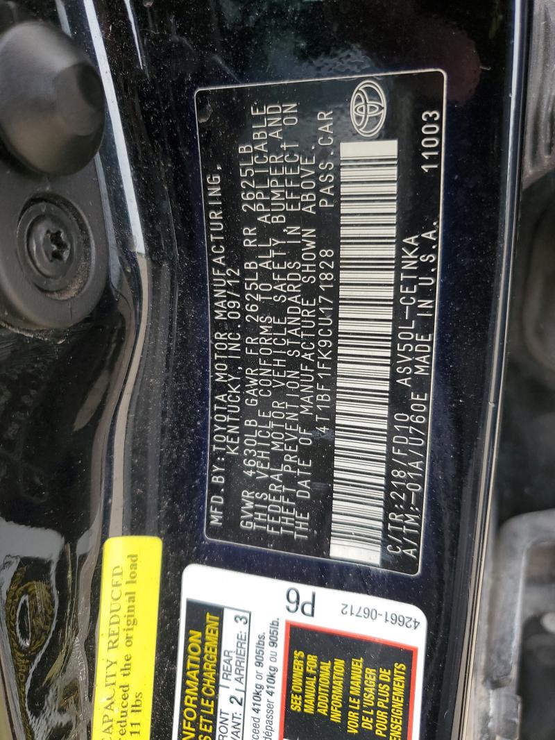 4T1BF1FK9CU171828 - 2012 TOYOTA CAMRY BASE أسود صورة 12