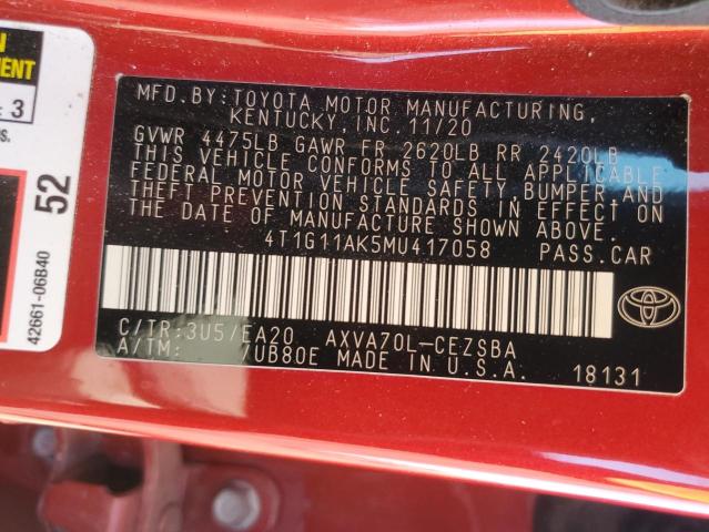 4T1G11AK5MU417058 - 2021 TOYOTA CAMRY SE Qırmızı foto 12