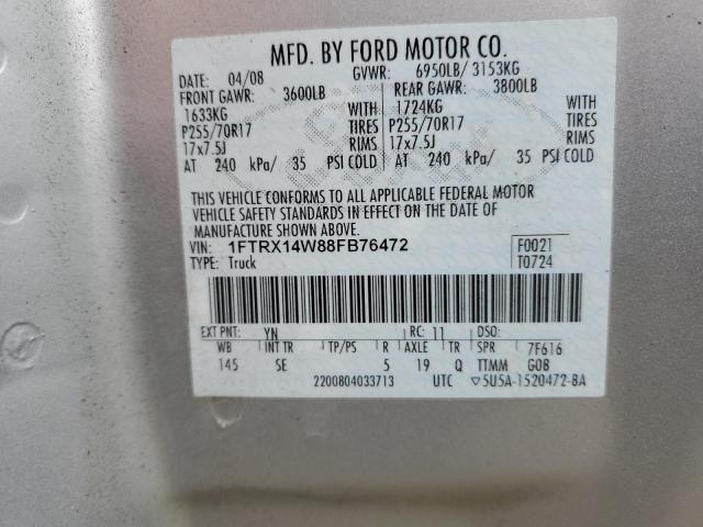 1FTRX14W88FB76472 - 2008 FORD F150 SILVER photo 12