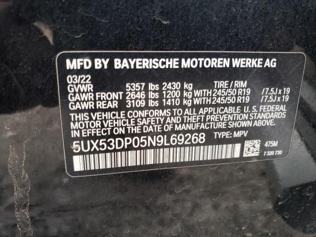 5UX53DP05N9L69268 - 2022 BMW X3 XDRIVE30I BLACK photo 12