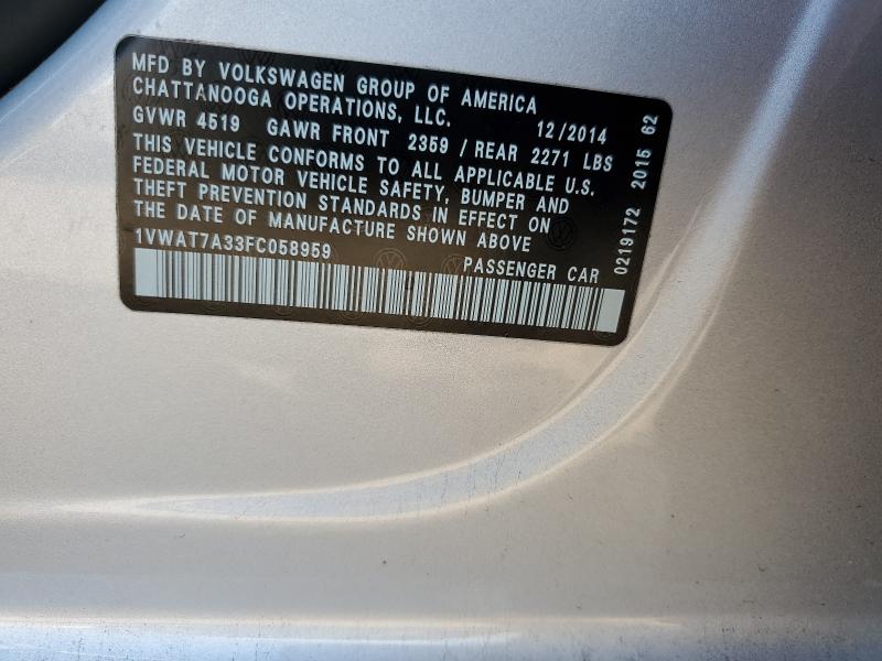 1VWAT7A33FC058959 - 2015 VOLKSWAGEN PASSAT S Күміс фото 12