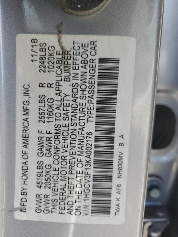1HGCV3F13KA002176 - 2019 HONDA ACCORD HYBRID GRAY photo 12