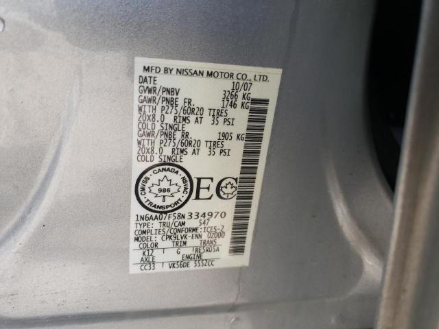 1N6AA07F58N334970 - 2008 NISSAN TITAN XE SILVER photo 12