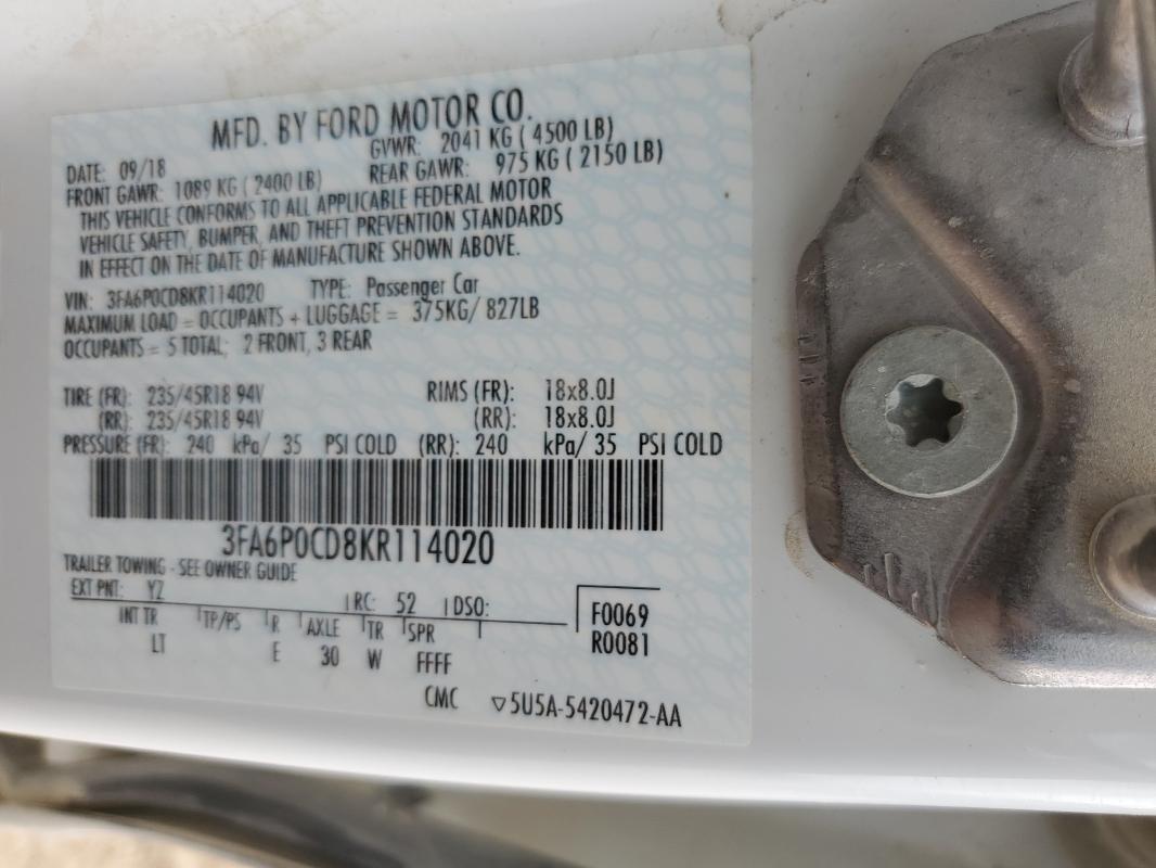 3FA6P0CD8KR114020 - 2019 FORD FUSION SEL WHITE photo 12