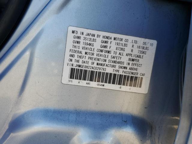 JHMGE8H22AC029793 - 2010 HONDA FIT SILVER photo 12