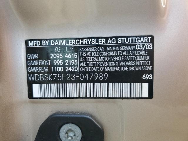 WDBSK75F23F047989 - 2003 MERCEDES-BENZ SL 500R 金色 照片 12