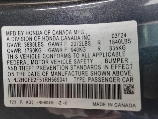 2HGFE2F51RH569041 - 2024 HONDA CIVIC SPORT ნაცრისფერი ფოტო 12