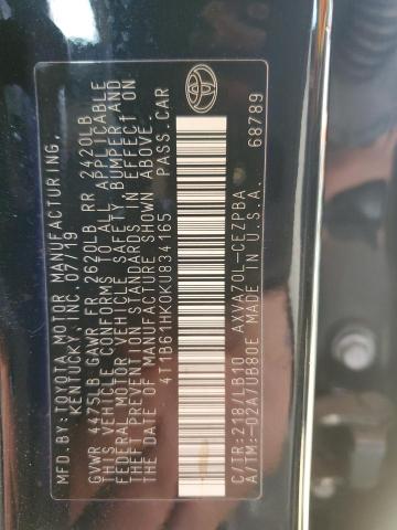 4T1B61HK0KU834165 - 2019 TOYOTA CAMRY XSE 黑色 照片 12