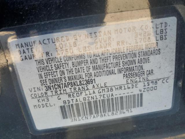 3N1CN7AP8KL823691 - 2019 NISSAN VERSA S BLACK photo 12