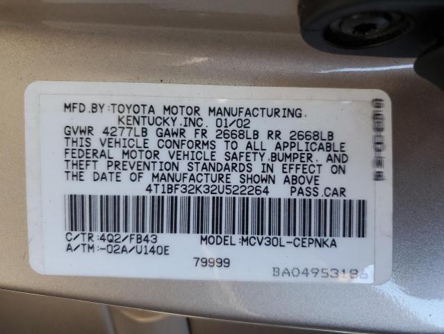 4T1BF32K32U522264 - 2002 TOYOTA CAMRY LE TAN photo 13