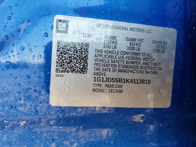 1G1JD5SB1K4113819 - 2019 CHEVROLET SONIC LT BLUE photo 13