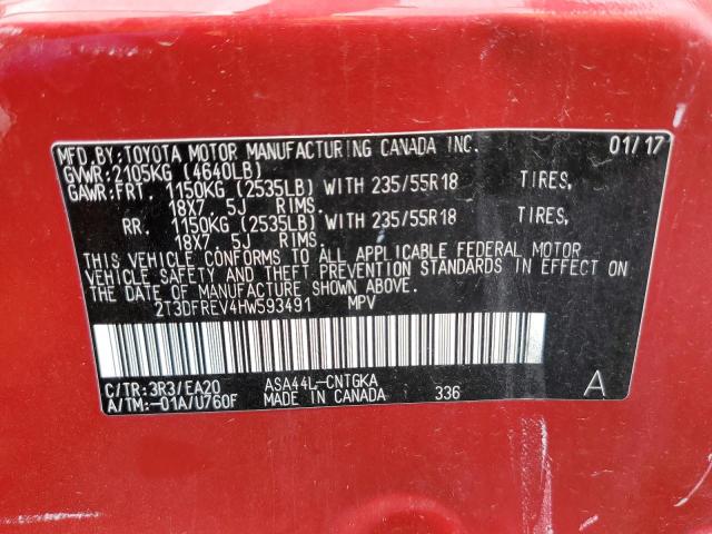 2T3DFREV4HW593491 - 2017 TOYOTA RAV4 LIMITED RED photo 14