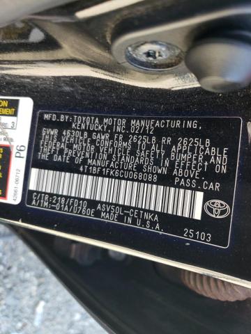 4T1BF1FK6CU068088 - 2012 TOYOTA CAMRY BASE შავი ფოტო 12