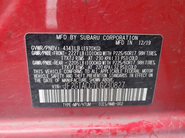 JF2GTACC7LG230827 - 2020 SUBARU CROSSTREK PREMIUM Қызыл фото 14