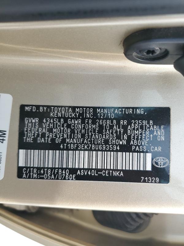 4T1BF3EK7BU693594 - 2011 TOYOTA CAMRY BASE BEIGE photo 12