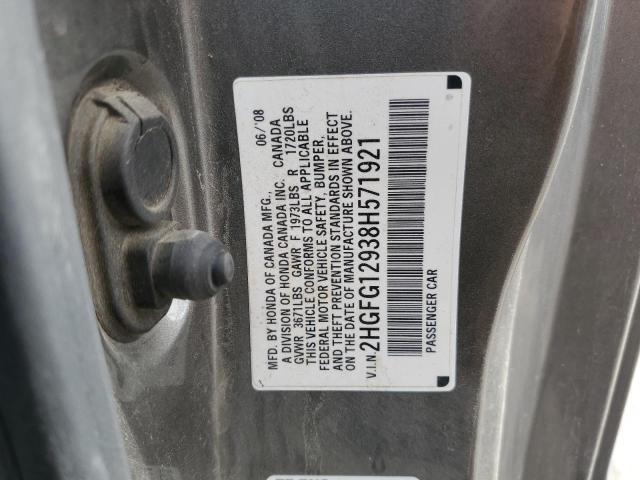 2HGFG12938H571921 - 2008 HONDA CIVIC EXL GRAY photo 12