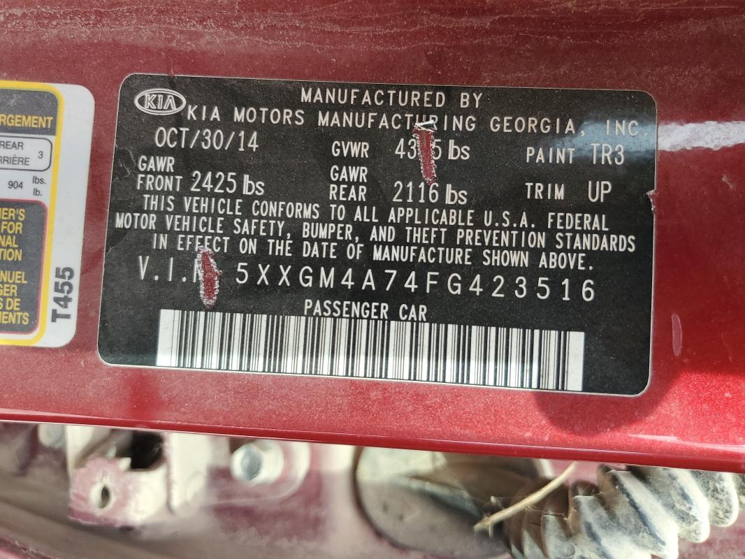 5XXGM4A74FG423516 - 2015 KIA OPTIMA LX 红色 照片 12