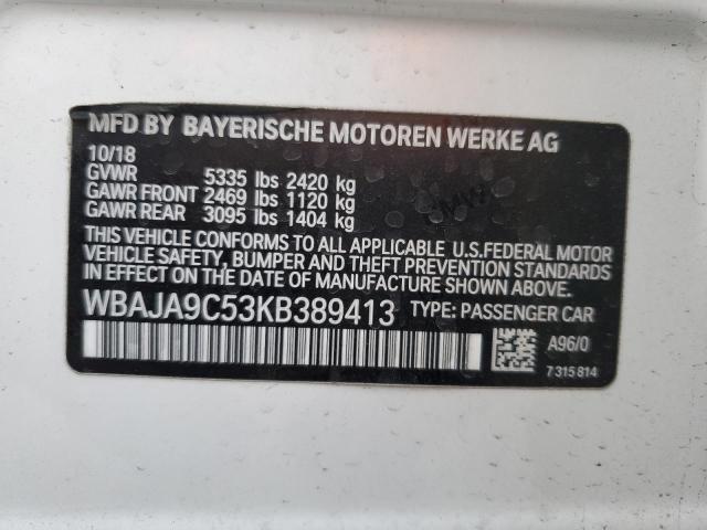 WBAJA9C53KB389413 - 2019 BMW 530E WHITE photo 12