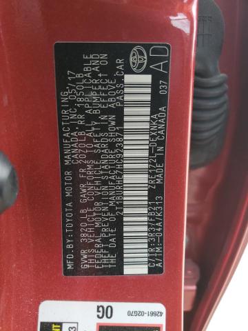 2T1BURHE7HC923871 - 2017 TOYOTA COROLLA L Qırmızı foto 13