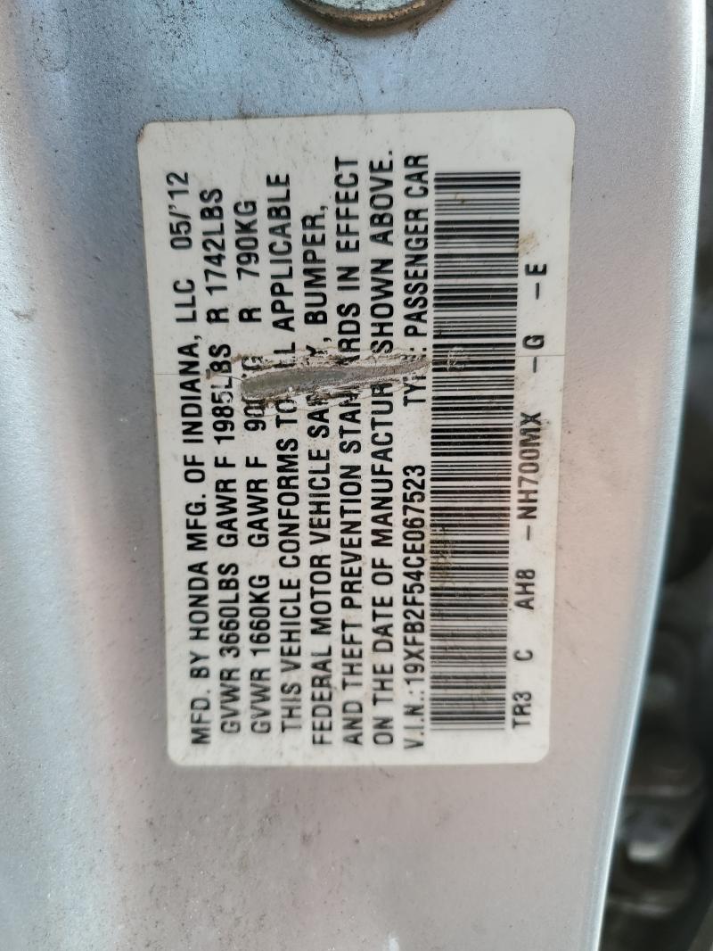 19XFB2F54CE067523 - 2012 HONDA CIVIC LX SILVER photo 12