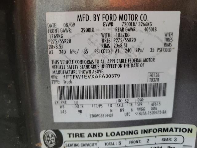 1FTFW1EVXAFA30379 - 2010 FORD F150 SUPERCREW GRAY photo 12