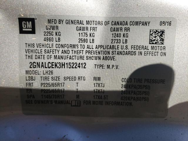 2GNALCEK3H1522412 - 2017 CHEVROLET EQUINOX LT SILVER photo 14