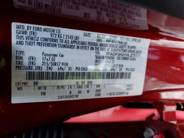 1FADP3H21HL275171 - 2017 FORD FOCUS SEL RED photo 12